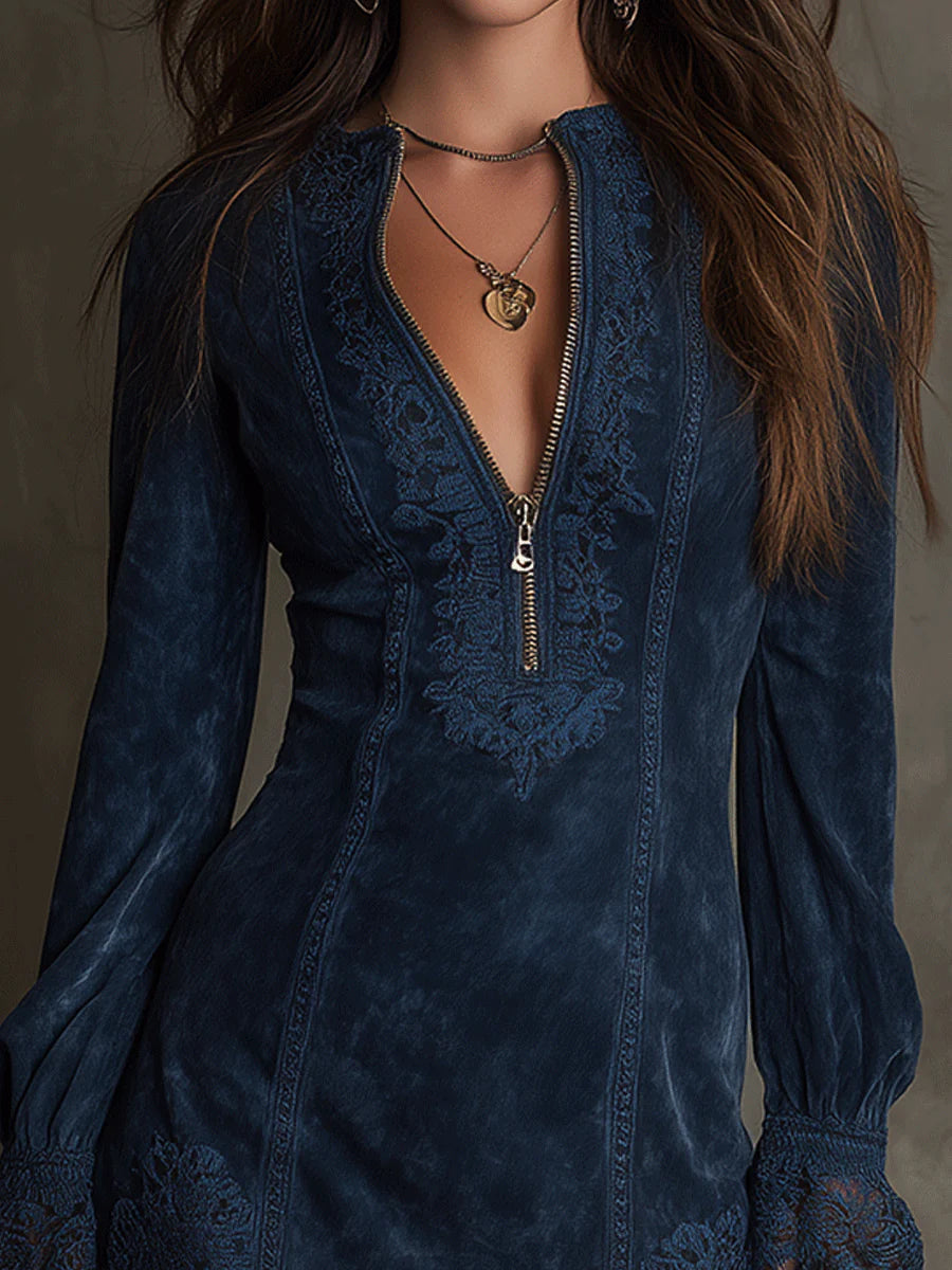 Vintage Suede Lace Trim Mini Dress