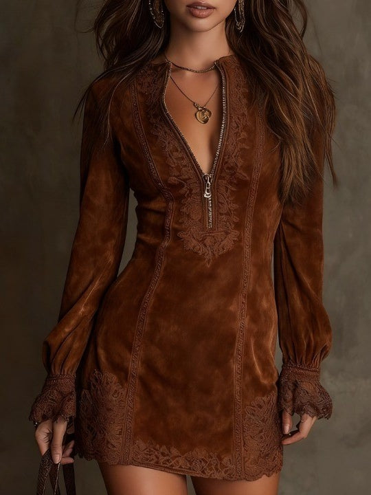 Vintage Suede Lace Trim Mini Dress